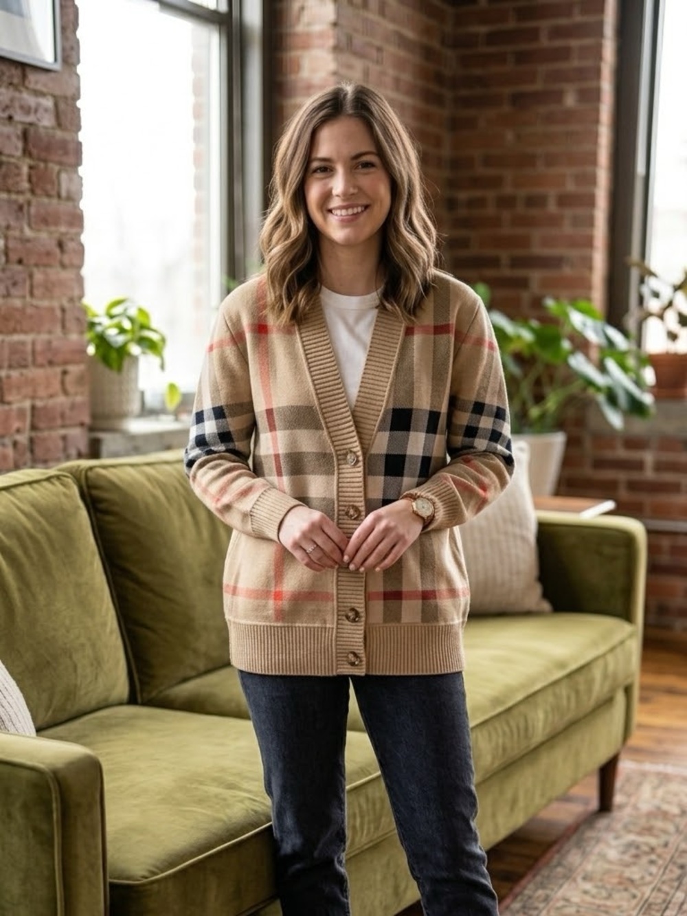Burberry Tan Plaid Button-Front Cardigan with Navy & Red Trim